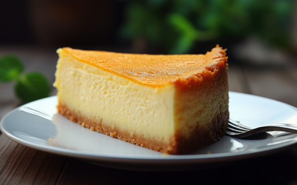 HD wallpaper of a delicious slice of cheesecake on a white plate with a blurred natural background for a serene desktop ambiance.