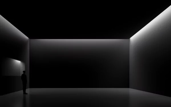 HD desktop wallpaper featuring a dark, minimalist room with abstract, black aesthetic design, highlighted by a solitary figure standing amidst subtle lighting.