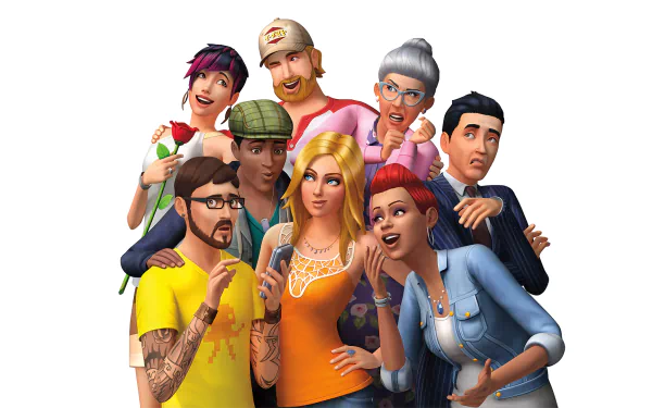 HD desktop wallpaper featuring a group of diverse animated characters from The Sims 4, displaying expressive poses and emotions.