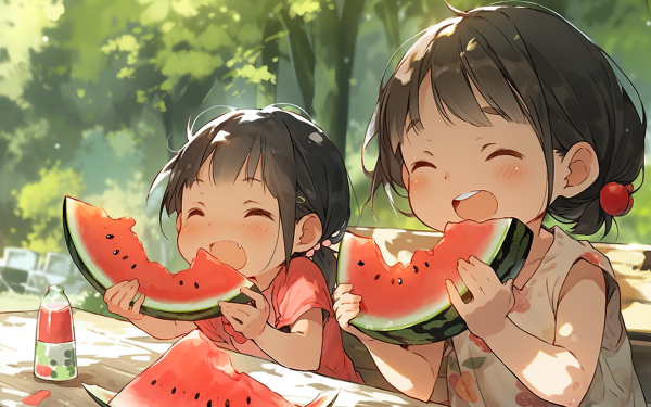 HD wallpaper of two joyful animated children enjoying slices of watermelon on a sunny day, perfect for a refreshing summer desktop background.