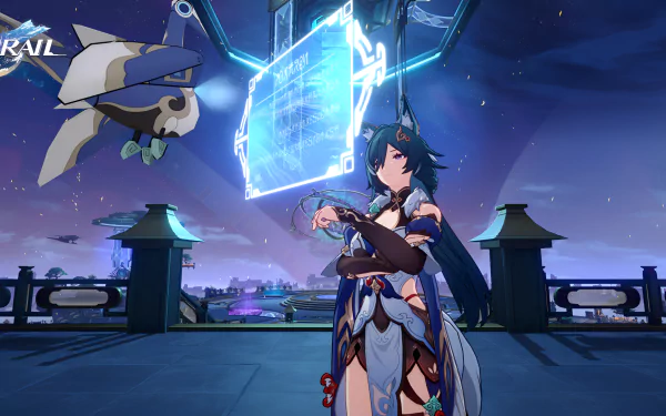 HD desktop wallpaper from Honkai: Star Rail featuring the character Yukong with a mystical creature and holographic interface, set against a starry night sky.