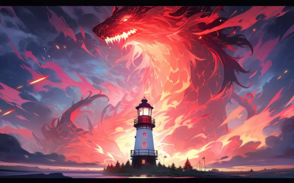 HD desktop wallpaper of an artistic lighthouse with a vivid red dragon-like apparition in the sky, created with AI art.