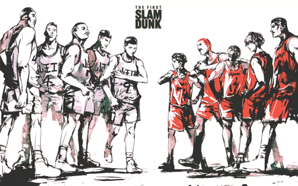 HD desktop wallpaper featuring characters Hanamichi Sakuragi, Akagi Takenori, Miyagi Ryota, Kaede Rukawa, and Hisashi Mitsui from the movie THE FIRST SLAM DUNK.