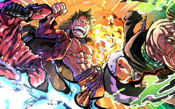 HD anime desktop wallpaper featuring One Piece's Monster Trio—Monkey D. Luffy, Roronoa Zoro, and Sanji—in dynamic action poses with vibrant effects.