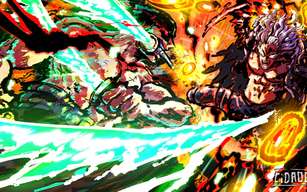 A dynamic 4K Ultra HD anime wallpaper featuring Roronoa Zoro clashing swords with King from One Piece in an intense battle scene.