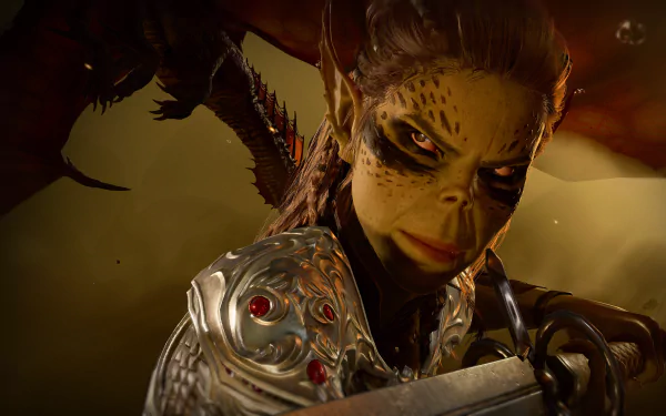 HD wallpaper of a Baldur's Gate 3 character, with vibrant details showcasing a dragonwinged humanoid in armor ready for battle.