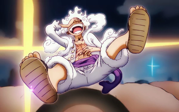HD desktop wallpaper featuring Monkey D. Luffy in Gear 5 from the anime One Piece, energetically posing against a twilight backdrop.