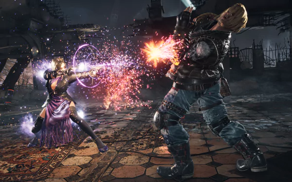 A dynamic scene from Tekken 8 featuring Nina Williams and Paul Phoenix in an intense battle, showcasing vibrant special effects and intricate character designs in HD quality.