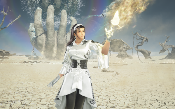 HD desktop wallpaper featuring Jun Kazama from Tekken 8 standing in a mystical desert landscape, holding a flame in her hand, with giant stone hand sculptures rising from the ground in the background.