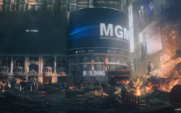 HD desktop wallpaper featuring a dramatic scene from Tekken 8, showcasing a destroyed cityscape with glowing embers and prominent signage.