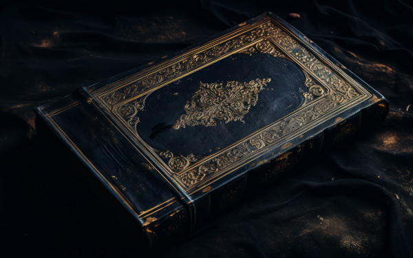 Elegant antique book with ornate golden detailing on a dark, textured background, perfect for an HD desktop wallpaper.