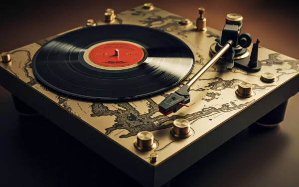 A close-up of a vintage turntable with a black vinyl record, showcasing intricate designs on the base, serves as an HD desktop wallpaper celebrating music and nostalgia.