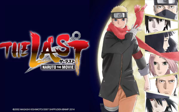4K Ultra HD PC wallpaper: The Last: Naruto the Movie — Naruto in a red scarf center, film logo left, vertical panels of Sasuke, Sakura and others on a dark blue background.