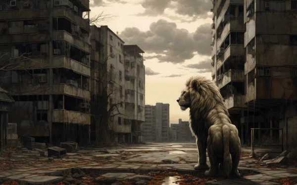 Majestic lion standing amidst a desolate post-apocalyptic cityscape, rendered in an AI art HD desktop wallpaper.