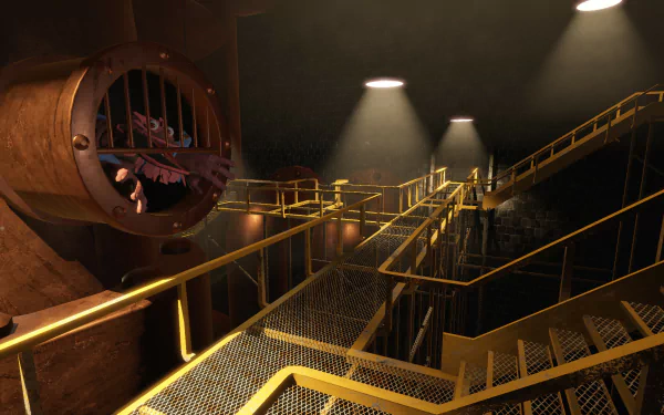 A dark, industrial setting featuring yellow metal walkways and glowing lights, inspired by the video game My Friendly Neighborhood, serves as a dynamic HD desktop wallpaper.