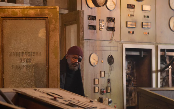 HD desktop wallpaper featuring a character reminiscent of Nick Fury in Secret Invasion themed setting, looking intently from behind industrial equipment.