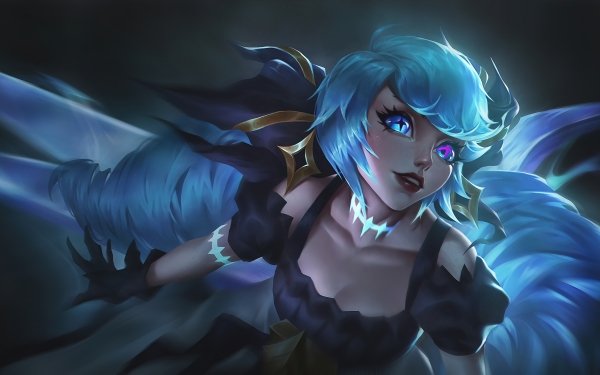 HD desktop wallpaper featuring Gwen from League of Legends with intense purple eyes and vibrant blue hair, set against a dark, dynamic background.