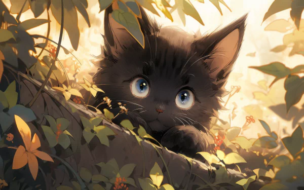 HD desktop wallpaper featuring an adorable black cat with striking blue eyes peering out from lush green foliage and warm sunlight filtering through.