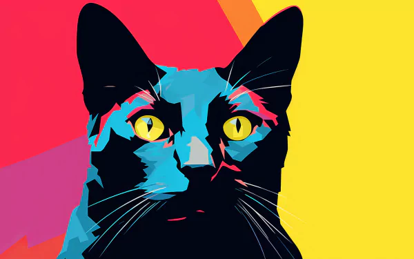 Vibrant pop art style black cat with colorful abstract background, HD desktop wallpaper.