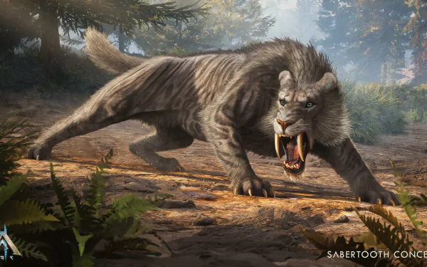 HD desktop wallpaper featuring a detailed ARK: Survival Ascended sabertooth tiger concept art, roaring in a prehistoric forest setting.”