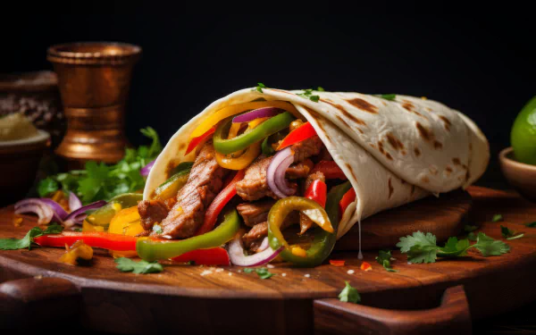 Delicious chicken fajita with colorful bell peppers and onions, garnished with fresh cilantro, served as an HD desktop wallpaper background.