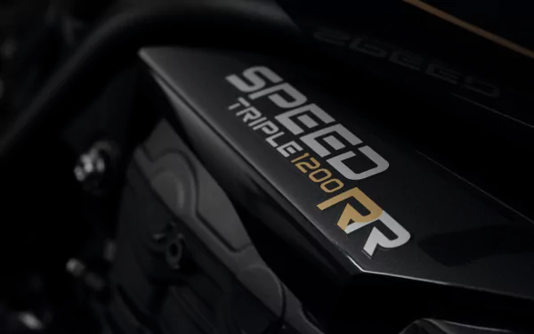 Close-up HD wallpaper of the Triumph Speed Triple 1200 RR Bond Edition motorcycle emblem, showcasing its sleek black and gold design.