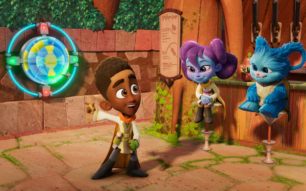 HD wallpaper featuring characters from Star Wars: Young Jedi Adventures, with a young Jedi and two alien companions in front of a Jedi temple.