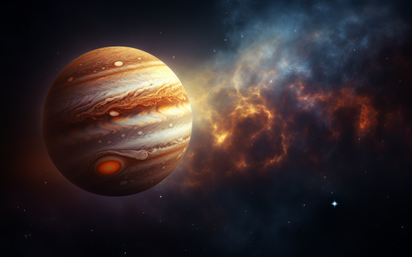 HD wallpaper of Jupiter with colorful nebula background for desktop.