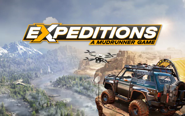 HD desktop wallpaper for Expeditions: A MudRunner Game featuring an off-road vehicle and a drone in a rugged landscape with mountains in the background.