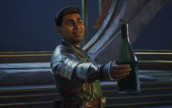 HD desktop wallpaper featuring a character from Immortals of Aveum holding a bottle with a cheerful expression in a dimly lit environment.