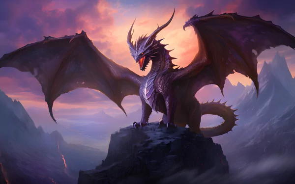 A fantasy dragon with shining scales and huge wings roars atop a rocky peak under a dramatic, colorful sky in this 4K Ultra HD AI art desktop wallpaper.