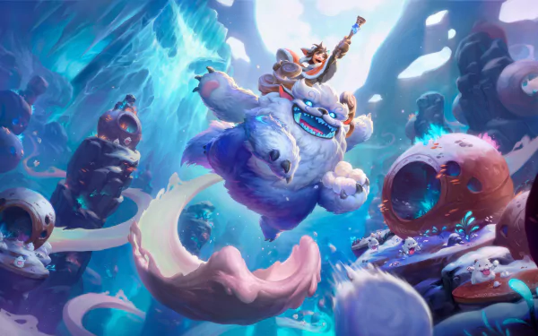 HD desktop wallpaper featuring Nunu from League of Legends, energetically riding a yeti amidst a vivid, colorful battle scene.