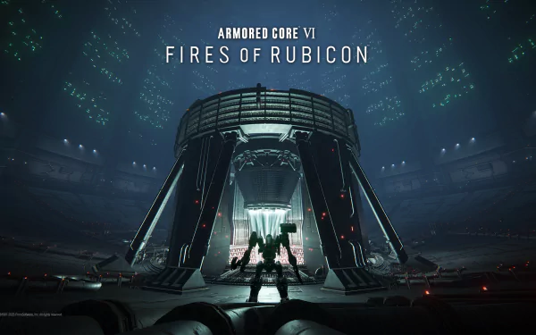 HD desktop wallpaper featuring a scene from Armored Core VI: Fires of Rubicon video game, showing a mechanized suit entering a futuristic hangar.