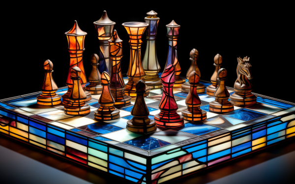 HD wallpaper of a chess set with pieces on a stained glass board, showcasing intricate details and vibrant colors. Perfect for desktop background.