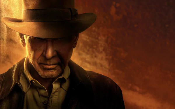 Moody close-up of a fedora-clad adventurer from Indiana Jones and the Dial of Destiny, drenched in golden light — 4K Ultra HD PC desktop wallpaper/background.