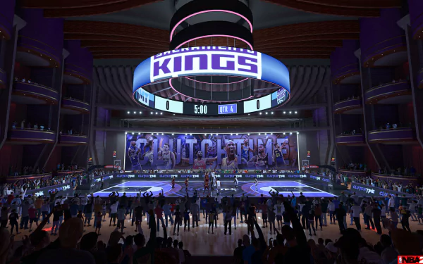 HD desktop wallpaper from NBA 2K24 featuring an animated indoor basketball stadium bustling with fans and prominent display of the Kings logo.