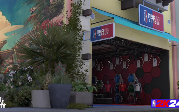 NBA 2K24 HD desktop wallpaper featuring an in-game scene with the NBA 2K League store and tropical palm trees.