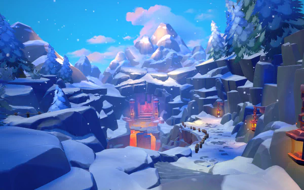 HD wallpaper featuring a whimsical Fae Farm scene with a snowy mountain landscape and glowing lanterns at dusk.