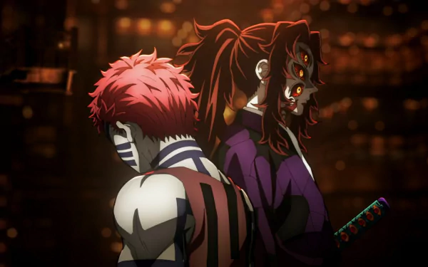 HD anime desktop wallpaper featuring characters from Demon Slayer: Kimetsu no Yaiba, showcasing intense expressions and detailed dark background lighting.
