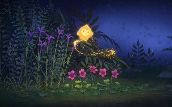 HD desktop wallpaper of a magical glowing creature in a whimsical night garden from Wish (2023), featuring starry sky and vibrant flowers.