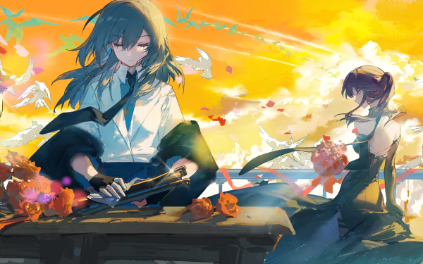 A vibrant 4K Ultra HD PC wallpaper featuring Stelle and Kafka from the video game Honkai: Star Rail against a bright, golden sky with flowers and flying birds.