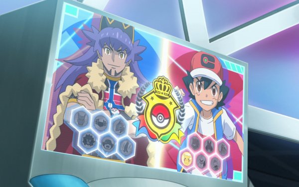 HD wallpaper of Ash Ketchum and Leon from Pokémon Ultimate Journeys: The Series, showcasing the iconic characters with their battle insignia in an animated background.