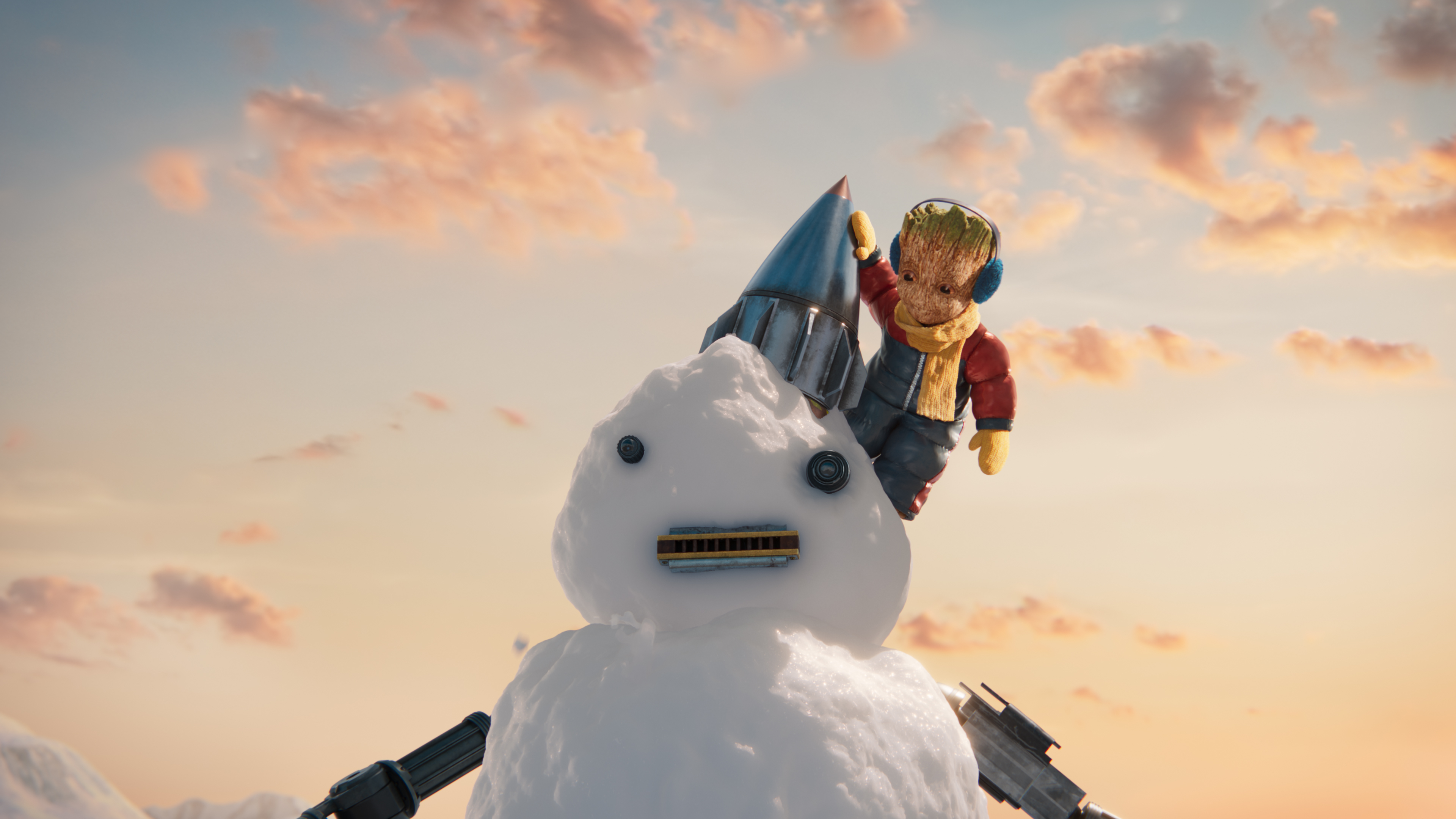 HD wallpaper of Groot character from Guardians of the Galaxy sitting on a snowman against a cloud-filled sky background.