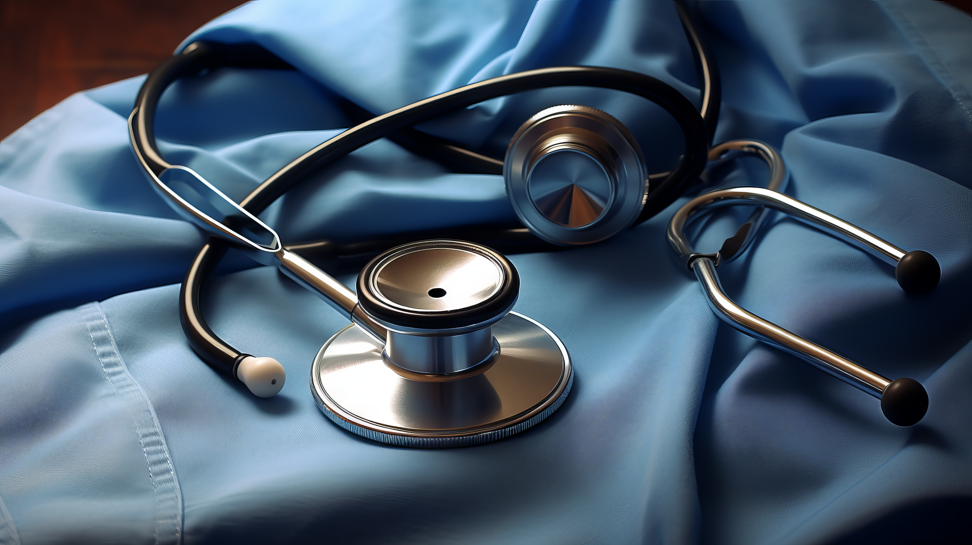 HD desktop wallpaper featuring a medical stethoscope on a blue fabric, symbolizing healthcare and medical professionals.