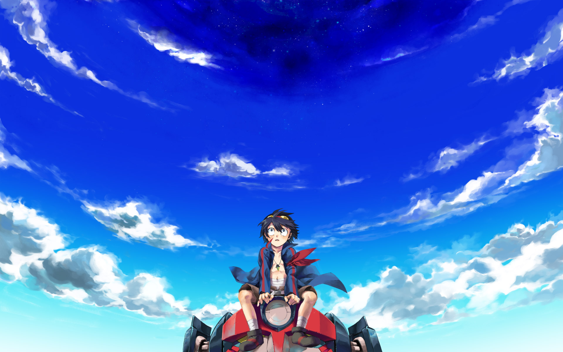 Simon from Tengen Toppa Gurren Lagann standing amidst a cloudy sky, wearing a jacket and a necklace.