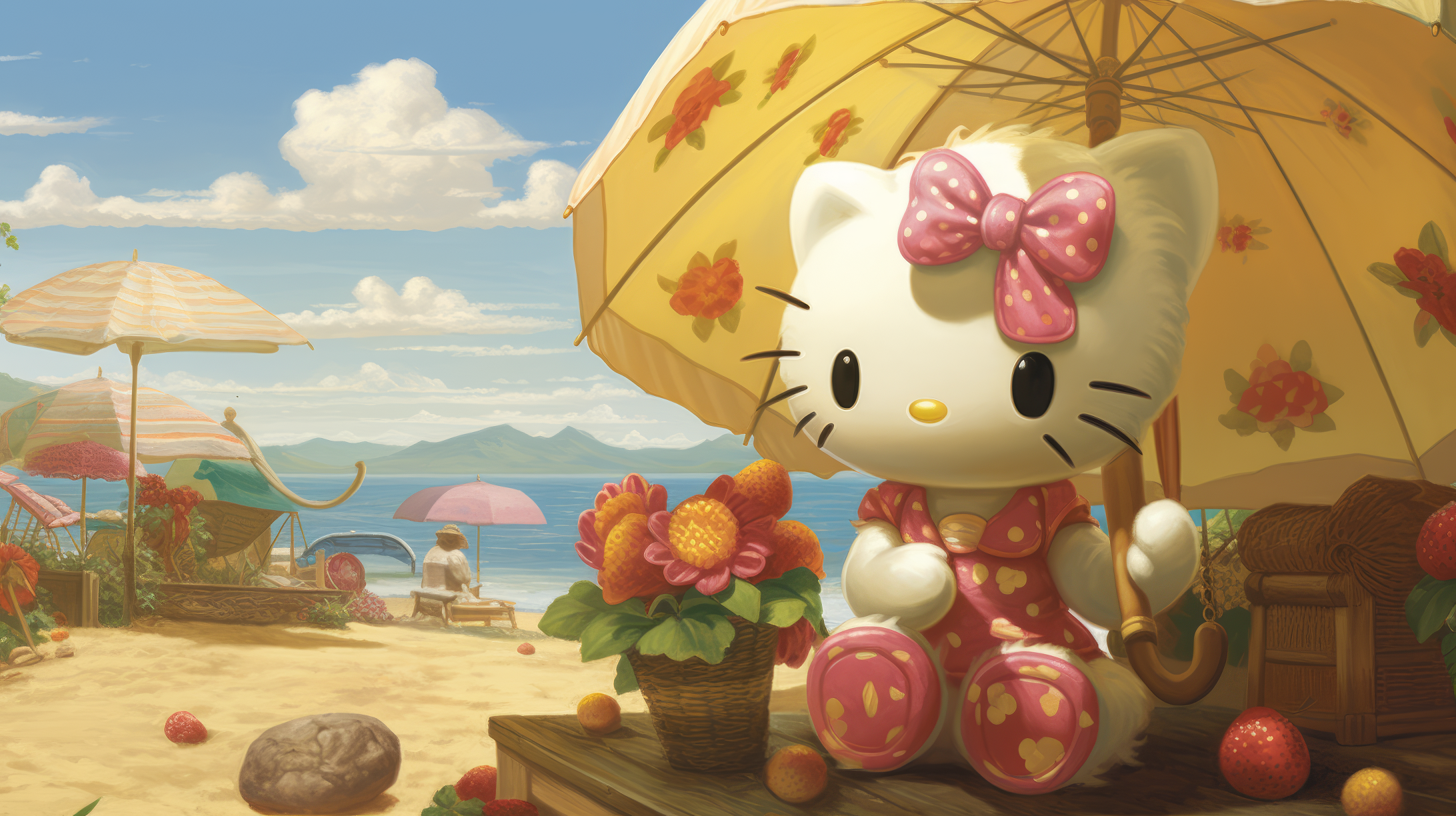 HD wallpaper of cute Hello Kitty under a sun umbrella on a sandy beach with flowers and a scenic ocean view, ideal for desktop background.