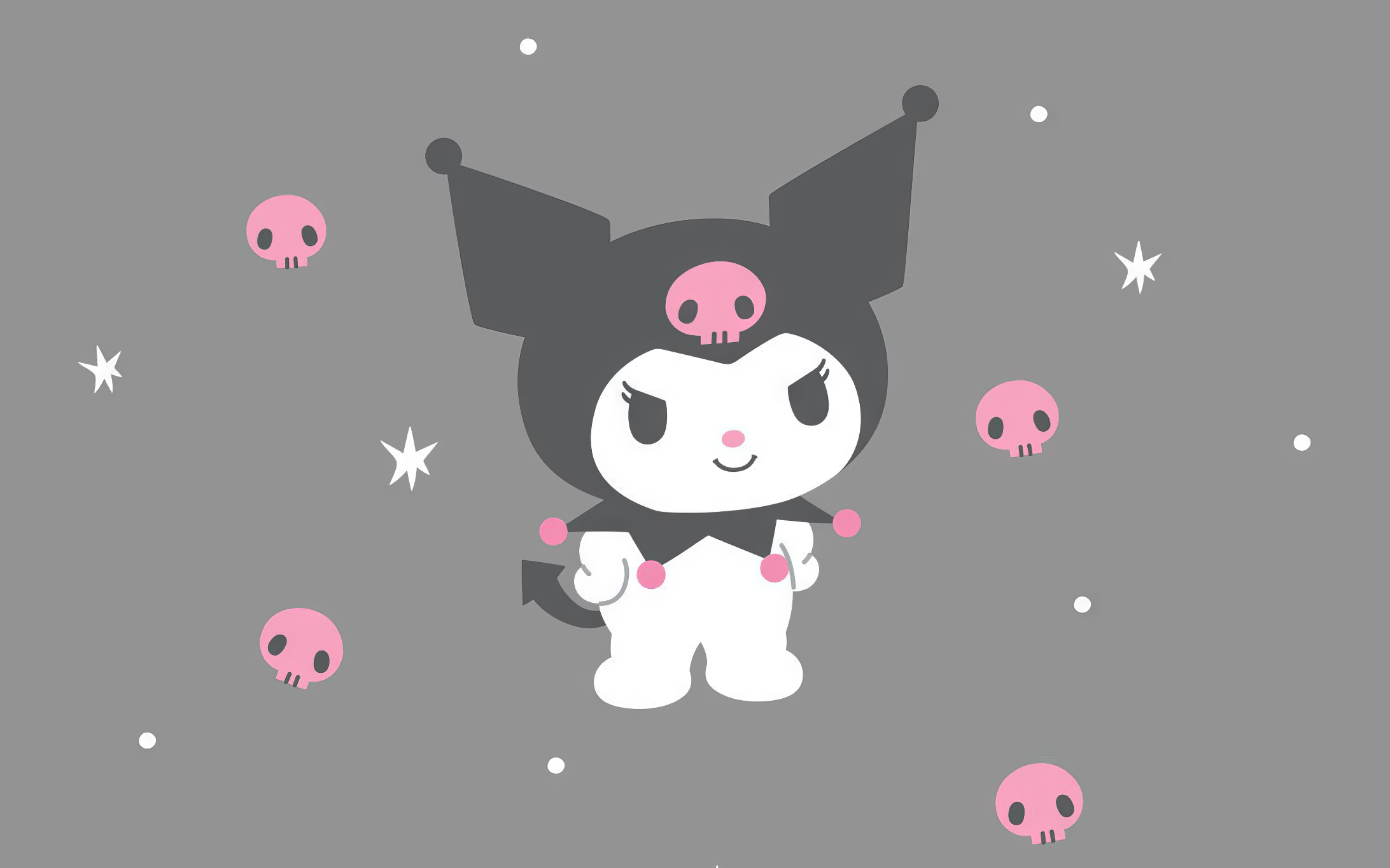 HD wallpaper of Kuromi from Onegai My Melody standing against a grey background with pink skulls and white stars.