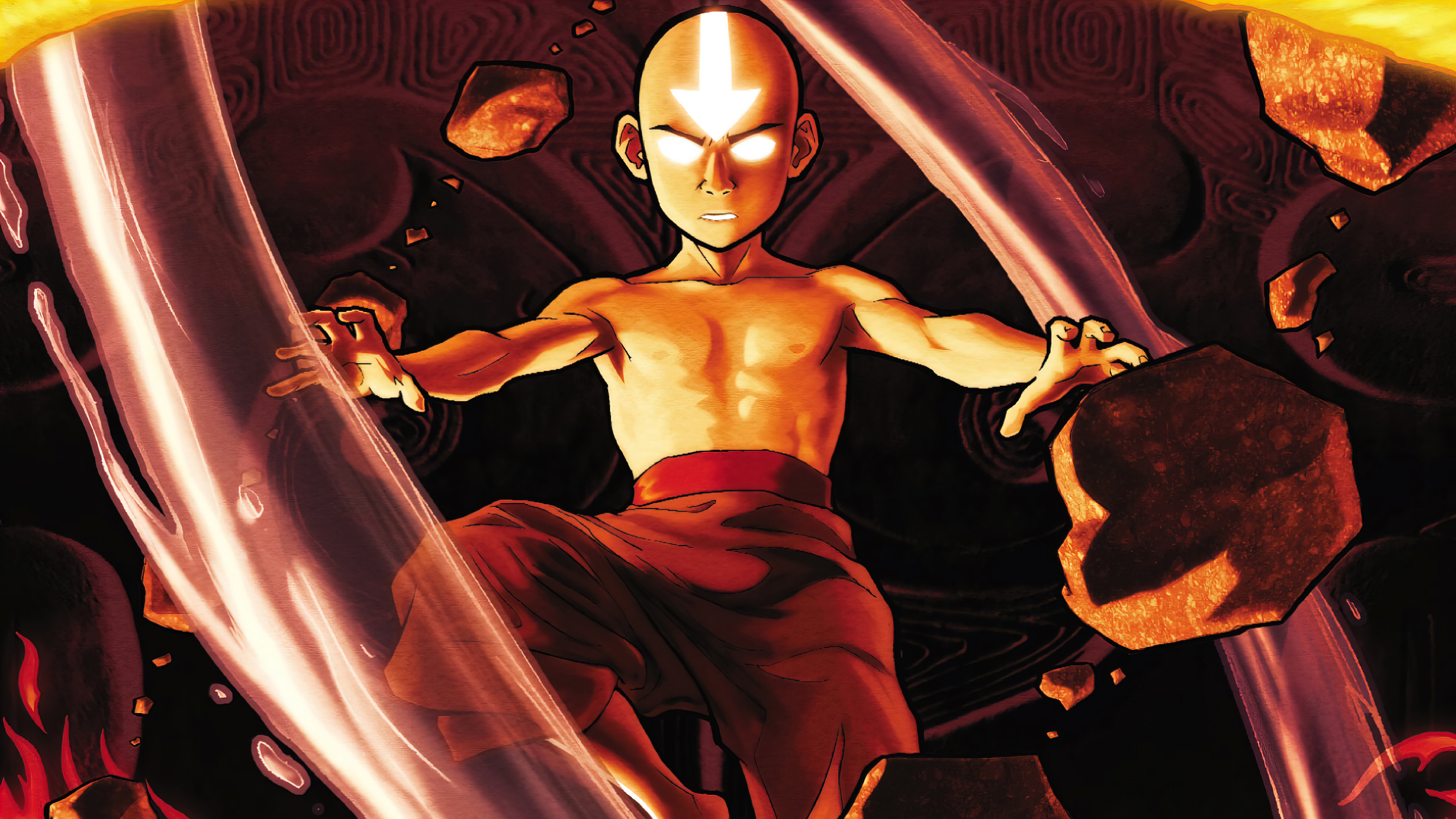 HD desktop wallpaper featuring Aang from Avatar: The Last Airbender in an elemental bending pose with a dynamic background.
