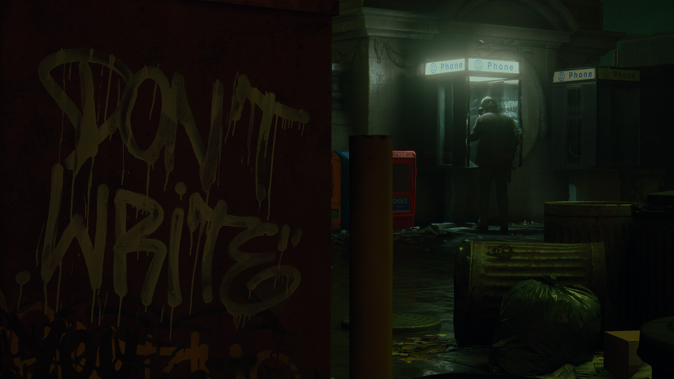 Alan Wake 2 HD Wallpaper: Mysterious Figure in a Dark Room with Graffiti.