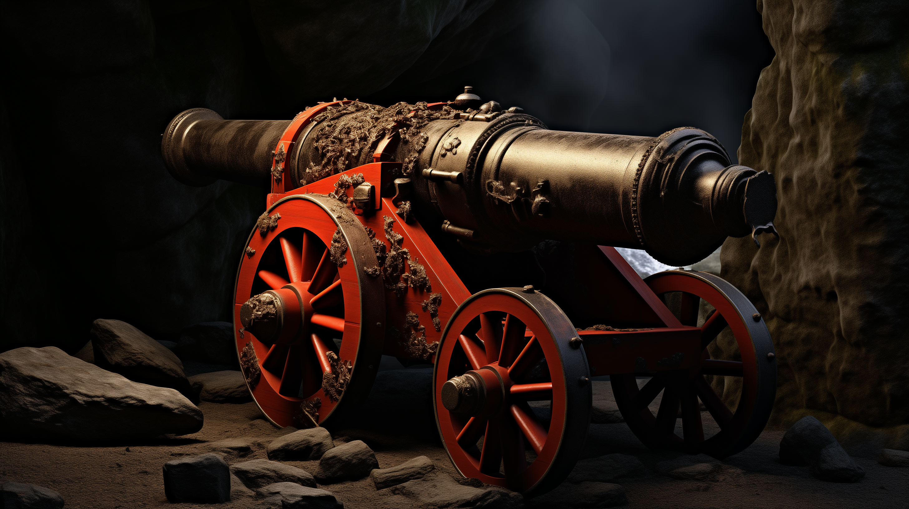 Vintage cannon with ornate detailing displayed in a cave setting, an HD desktop wallpaper and background.